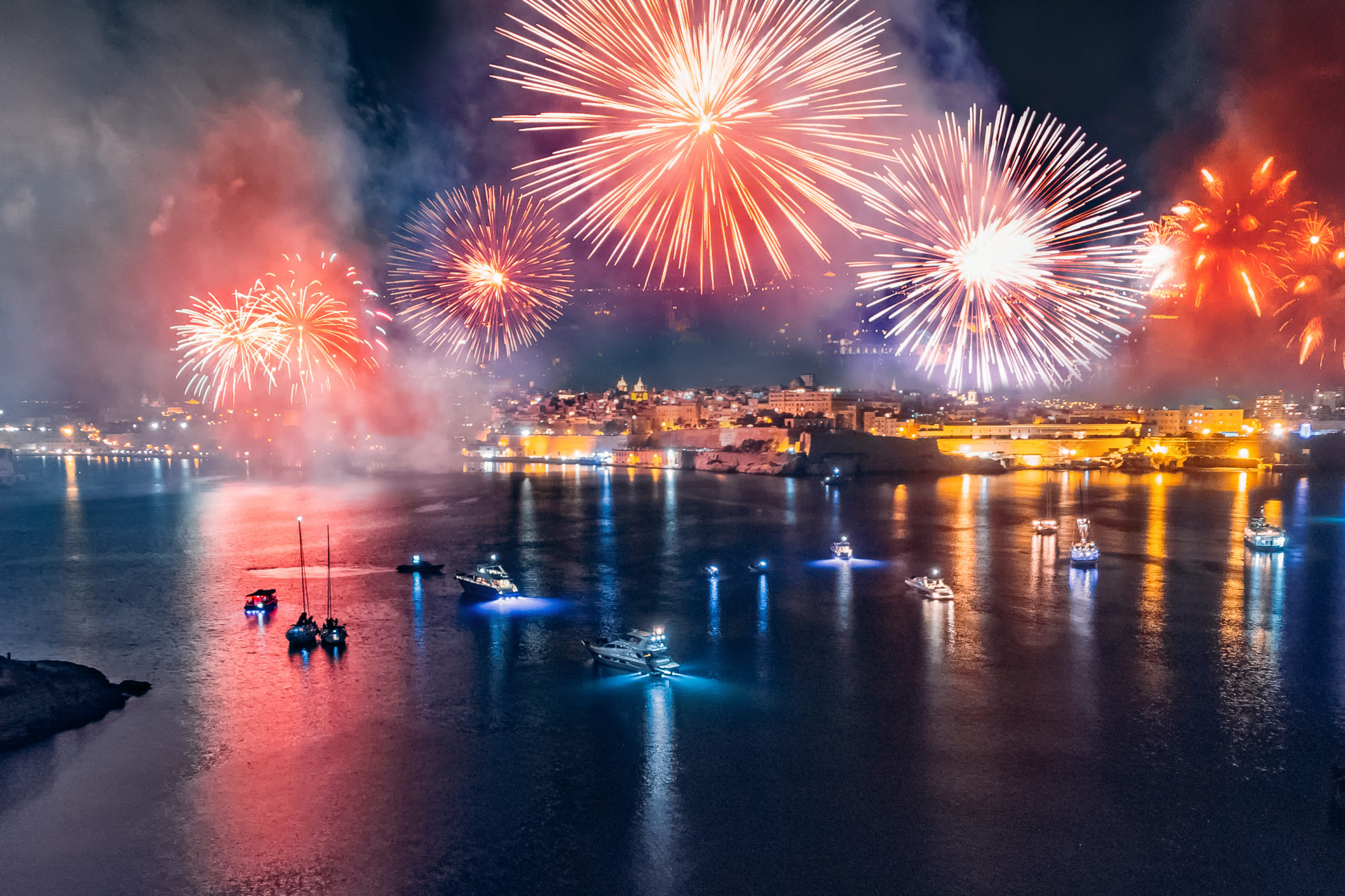 Malta fireworks festival in Valletta. Concept travel. Aerial photo.